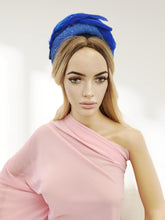 Load image into Gallery viewer, Royal Blue Feather Bandeau Fascinator Headband, Royal Ascot Enclosure Headpiece,