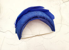 Load image into Gallery viewer, Royal Blue Feather Bandeau Fascinator Headband, Royal Ascot Enclosure Headpiece,