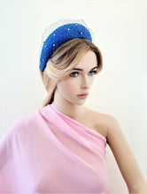 Load image into Gallery viewer, Cobalt Blue Fascinator Headband, with Swarovski Crystal Veiling, Halo Shape, 6.5 cms Wide