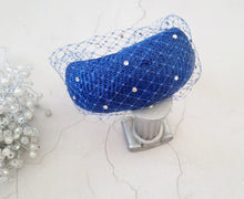 Load image into Gallery viewer, Cobalt Blue Fascinator Headband, with Swarovski Crystal Veiling, Halo Shape, 6.5 cms Wide