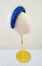 Load image into Gallery viewer, Cobalt Blue Fascinator Headband, with Swarovski Crystal Veiling, Halo Shape, 6.5 cms Wide