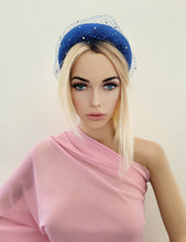 Load image into Gallery viewer, Cobalt Blue Fascinator Headband, with Swarovski Crystal Veiling, Halo Shape, 6.5 cms Wide
