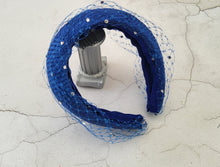 Load image into Gallery viewer, Cobalt Blue Fascinator Headband, with Swarovski Crystal Veiling, Halo Shape, 6.5 cms Wide