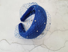 Load image into Gallery viewer, Cobalt Blue Fascinator Headband, with Swarovski Crystal Veiling, Halo Shape, 6.5 cms Wide