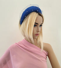 Load image into Gallery viewer, Cobalt Blue Fascinator Headband, with Swarovski Crystal Veiling, Halo Shape, 6.5 cms Wide