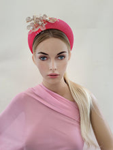 Load image into Gallery viewer, Pink Halo Fascinator Headband, with metal flower vine and Beads