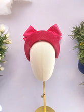 Load image into Gallery viewer, Bright Pink Satin Back Bow Headband Fascinator, on a Sinamay Halo Base,