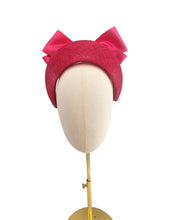 Load image into Gallery viewer, Bright Pink Satin Back Bow Headband Fascinator, on a Sinamay Halo Base,