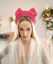 Load image into Gallery viewer, Bright Pink Satin Back Bow Headband Fascinator, on a Sinamay Halo Base,