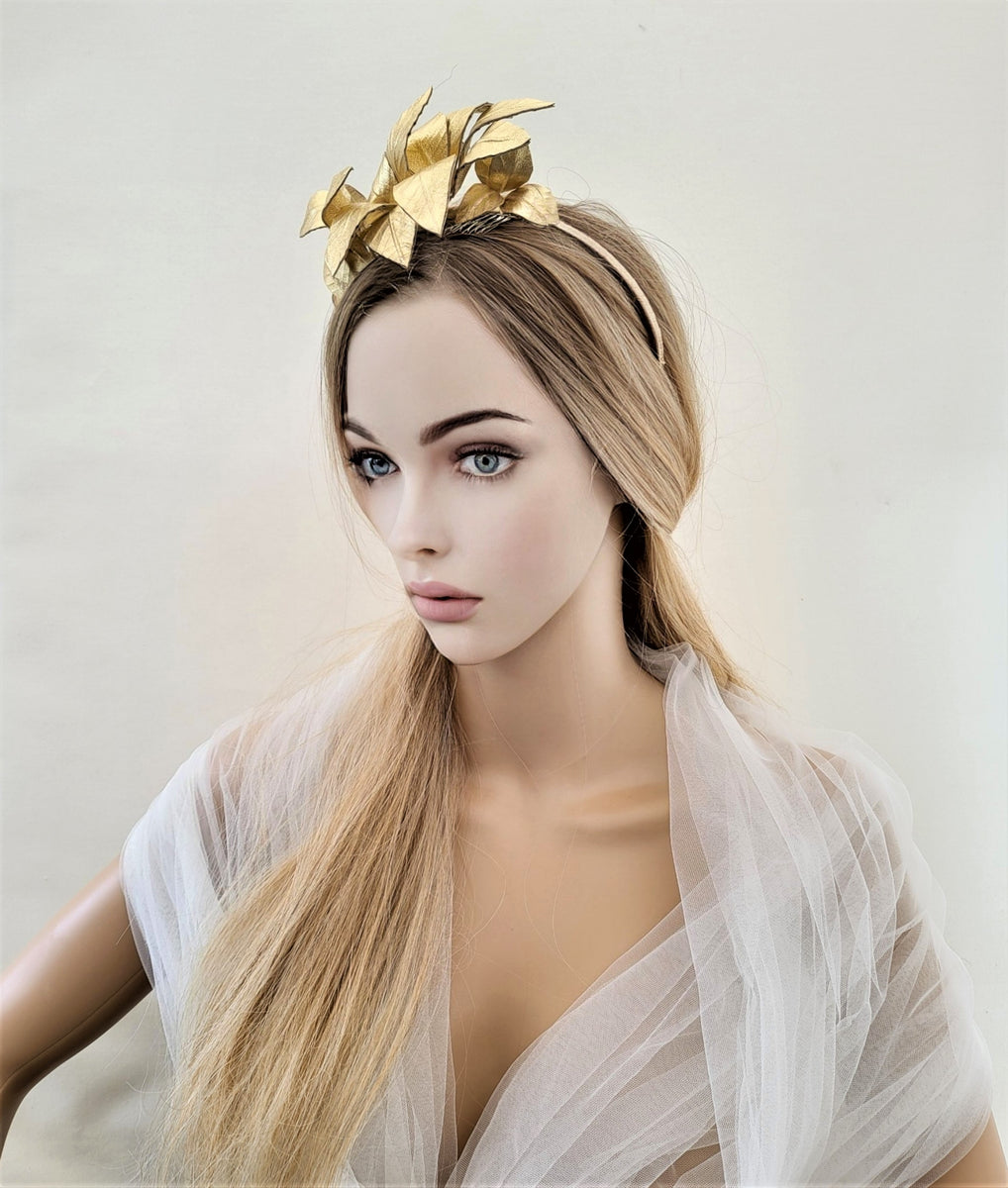 Gold Leaf Fascinator Headband, Leather Goddess Headpiece, Races Hatinator,  Kentucky Derby, Ascot,