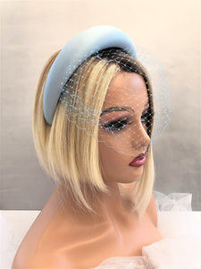 Blue Silk Satin Headband Padded and Blusher Nose Length Veil