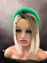 Load image into Gallery viewer, Green  Satin Fascinator with Dotty Blusher Veil