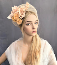 Load image into Gallery viewer, Beige Fascinator Headband, Silk Rose Flower, Halo Crown Headpiece, Ascot Races