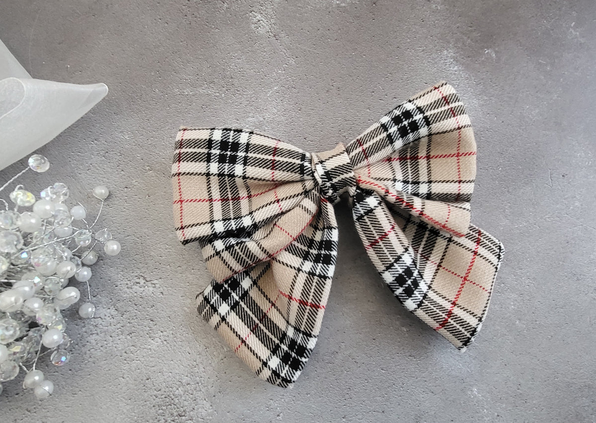 Burberry Classic Preppy Plaid Pattern Luxury Hair Bow Hair Clip Accessory. Gabrielle-Colette-Bow-Hair-  main image 3