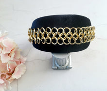 Load image into Gallery viewer, Black Velvet Halo Crown Headband, Gold Chain Fascinator, 8 cms Wide