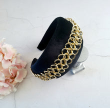 Load image into Gallery viewer, Black Velvet Halo Crown Headband, Gold Chain Fascinator, 8 cms Wide