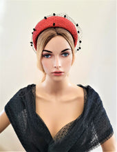 Load image into Gallery viewer, Red Fascinator Headband, with Black Dotty Veiling, Halo Shape, 6.5 cms Wide