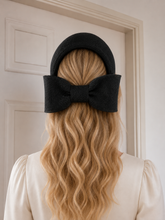 Load image into Gallery viewer, Black Ridged 4" Wide Fascinator Headband with Back Bow – Wedding &amp; Race Day Hat "Willow"