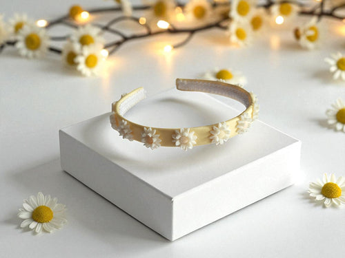 Yellow Daisy Duchess Satin Alice Headband 15mm wide