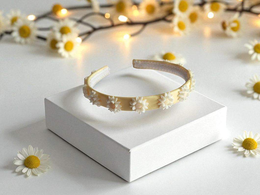 Yellow Daisy Duchess Satin Alice Headband 15mm wide