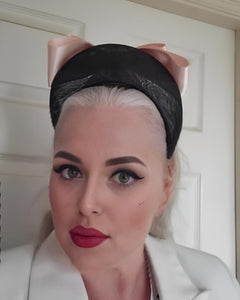 Pink Satin Back Bow Headband on Black Sinamay Halo Base with Tails