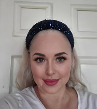 Load image into Gallery viewer, Navy Sequin Padded Headband, Plush Domed Velvet Band, 4 cm Wide