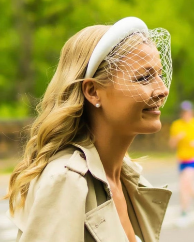 Ivory Satin Bridal Headpiece with Blusher - Nose Length Veil