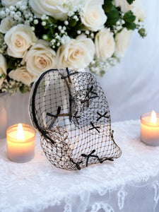 Black Bow Fascinator Headband – Bridal Headpiece with Veil and Scattered Bows, Wedding Headpiece