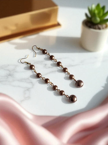 Bronze Pearlised Bead Long Drop Earrings – Elegant Vintage-Style Dangle Jewellery - 16 mm Long