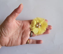 Load image into Gallery viewer, Clip-On Yellow Flower Earrings with Pearl Beads and Rhinestone – Fabric Floral Statement, 6cm