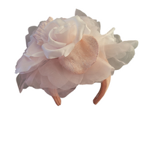 Load image into Gallery viewer, Big Pale Pink Flower Fascinator on a Sinamay Headband