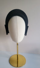 Load image into Gallery viewer, Black Ridged 4" Wide Fascinator Headband with Back Bow – Wedding &amp; Race Day Hat "Willow"