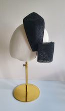 Load image into Gallery viewer, Black Ridged 4" Wide Fascinator Headband with Back Bow – Wedding &amp; Race Day Hat "Willow"