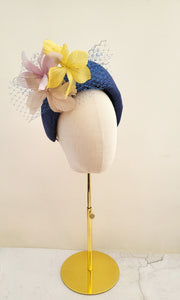 Royal Blue Halo Crown Fascinator Headband, With Silk Orchid Flowers, Races Headpiece, 10 cms Wide,