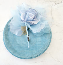 Load image into Gallery viewer, Baby Powder Blue Large Flower Fascinator, Percher Hat with Bows