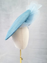 Load image into Gallery viewer, Baby Powder Blue Large Flower Fascinator, Percher Hat with Bows