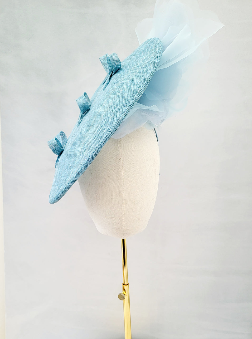 Baby Powder Blue Large Flower Fascinator, Percher Hat with Bows