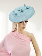 Load image into Gallery viewer, Baby Powder Blue Large Flower Fascinator, Percher Hat with Bows