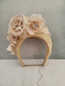 Beige Flower Halo Crown, Fascinator Sinamay Headband with Silk flowers