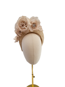 Beige Flower Halo Crown, Fascinator Sinamay Headband with Silk flowers