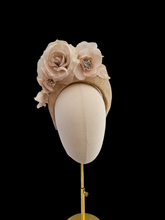 Load image into Gallery viewer, Beige Flower Halo Crown, Fascinator Sinamay Headband with Silk flowers