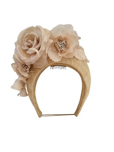 Beige Flower Halo Crown, Fascinator Sinamay Headband with Silk flowers