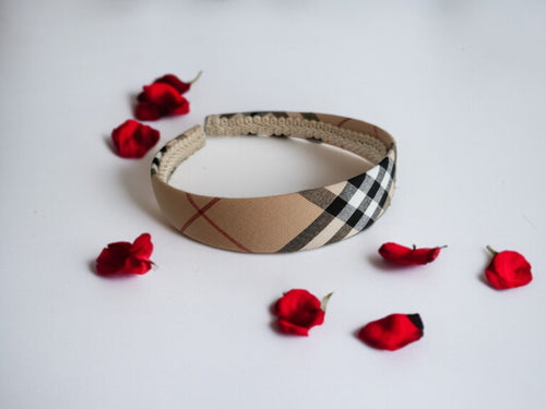 Beige Tartan Check Alice Band, Plaid Headband,  2.5 cm Wide matching child's size, width options