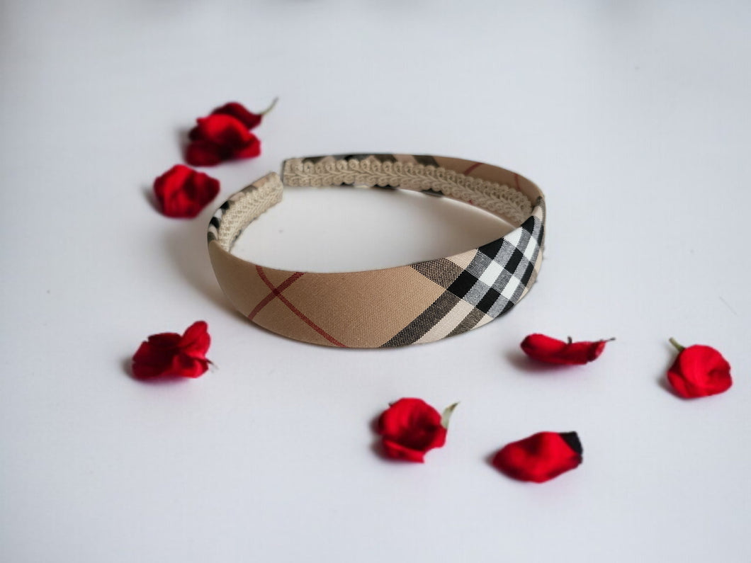 Beige Tartan Check Alice Band, Plaid Headband,  2.5 cm Wide matching child's size, width options