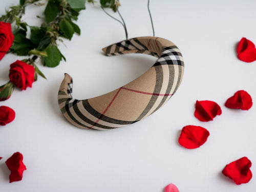 Beige Tartan Padded Headband, Black Checked Plaid Hair Band, 4cm Wide