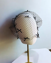 Load image into Gallery viewer, Black Bow Fascinator Headband – Bridal Headpiece with Veil and Scattered Bows, Wedding Headpiece