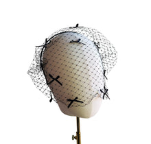 Load image into Gallery viewer, Black Bow Fascinator Headband – Bridal Headpiece with Veil and Scattered Bows, Wedding Headpiece