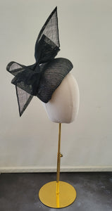 Black Bow Percher hat, with silver thread, Teardrop Fascinator