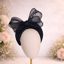 Load image into Gallery viewer, Black Fascinator Headband — Statement Bow Wedding &amp; Race Day Hat