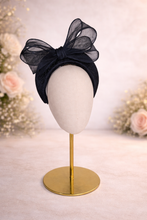 Load image into Gallery viewer, Black Fascinator Headband — Statement Bow Wedding &amp; Race Day Hat